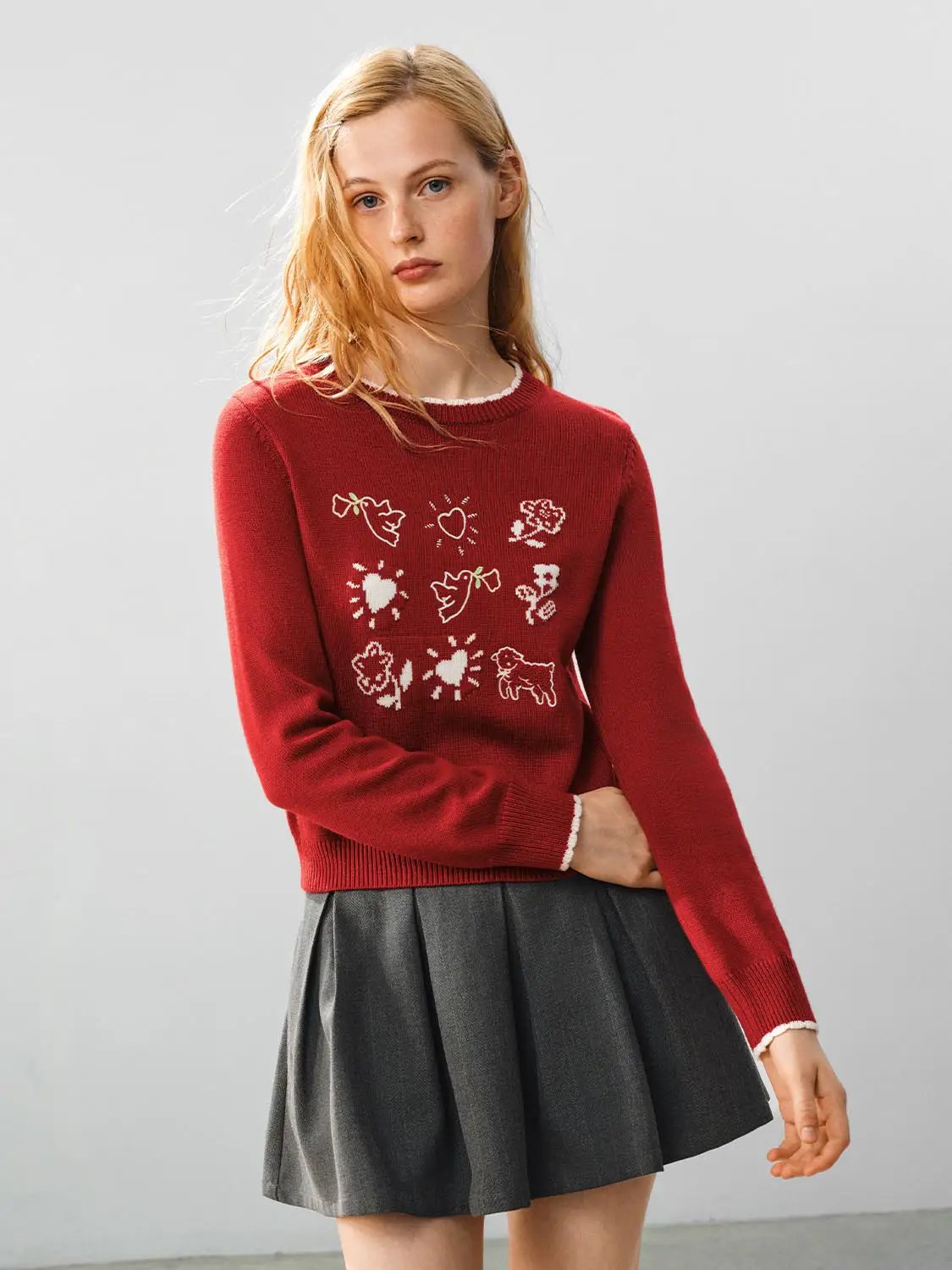 Graphic Crew Neck Long Sleeve Knit Sweater