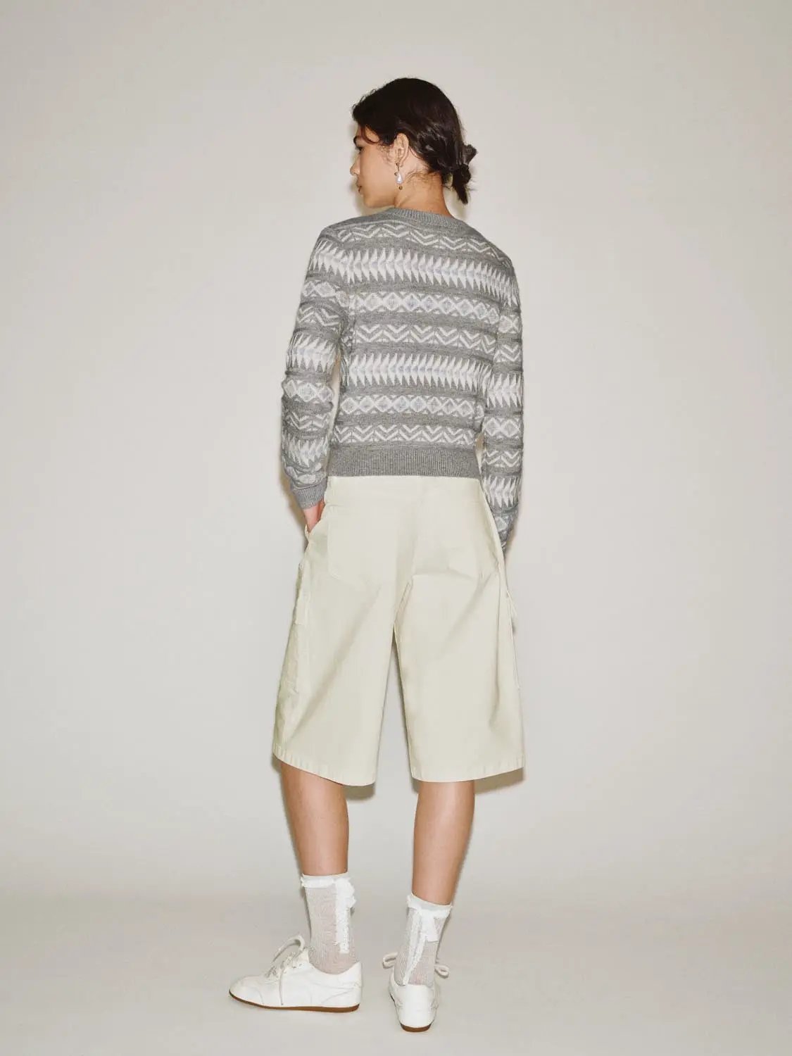 Patterned Ribbed Hem Crew Neck Long Sleeve Cardigan