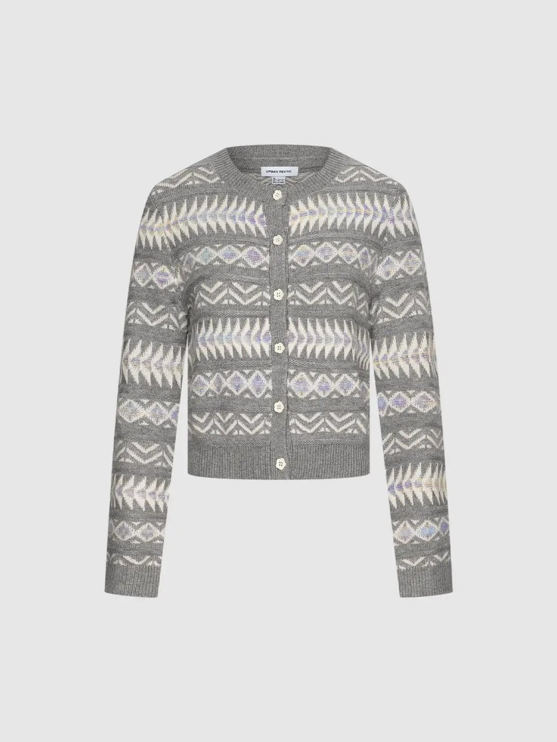 Patterned Ribbed Hem Crew Neck Long Sleeve Cardigan