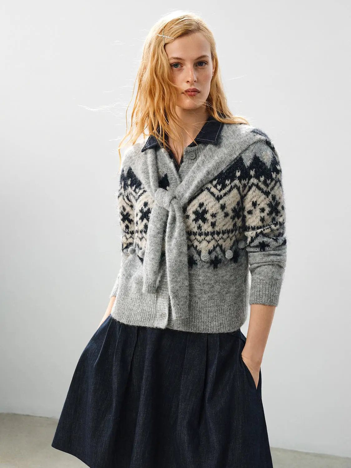 Tie Front Fair Isle Shirt Collar Long Sleeve Cardigan