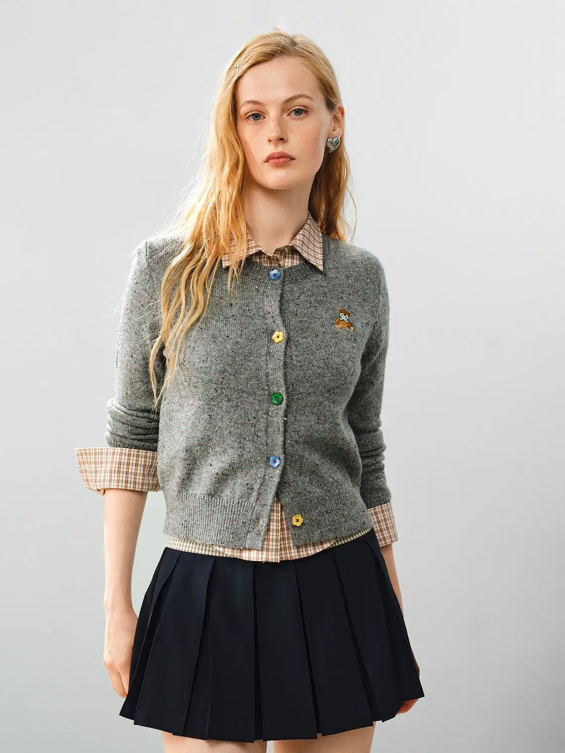 Embroidered Bear Textured Crew Neck Long Sleeve Cardigan