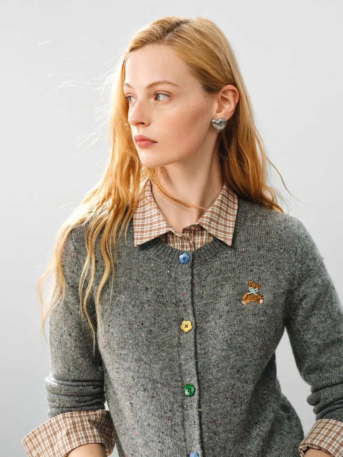 Embroidered Bear Textured Crew Neck Long Sleeve Cardigan