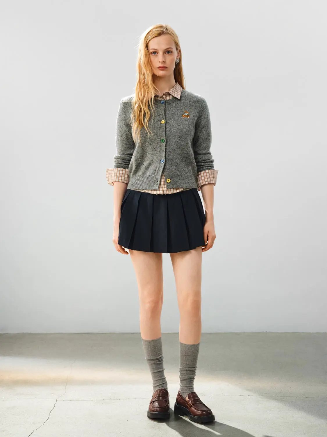 Embroidered Bear Textured Crew Neck Long Sleeve Cardigan