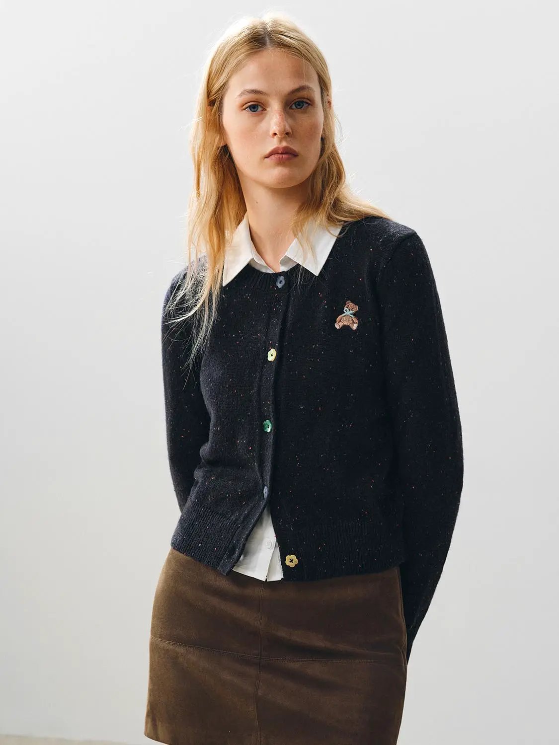 Embroidered Bear Textured Crew Neck Long Sleeve Cardigan