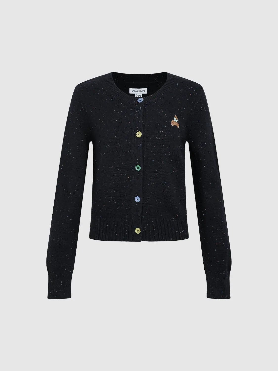 Embroidered Bear Textured Crew Neck Long Sleeve Cardigan