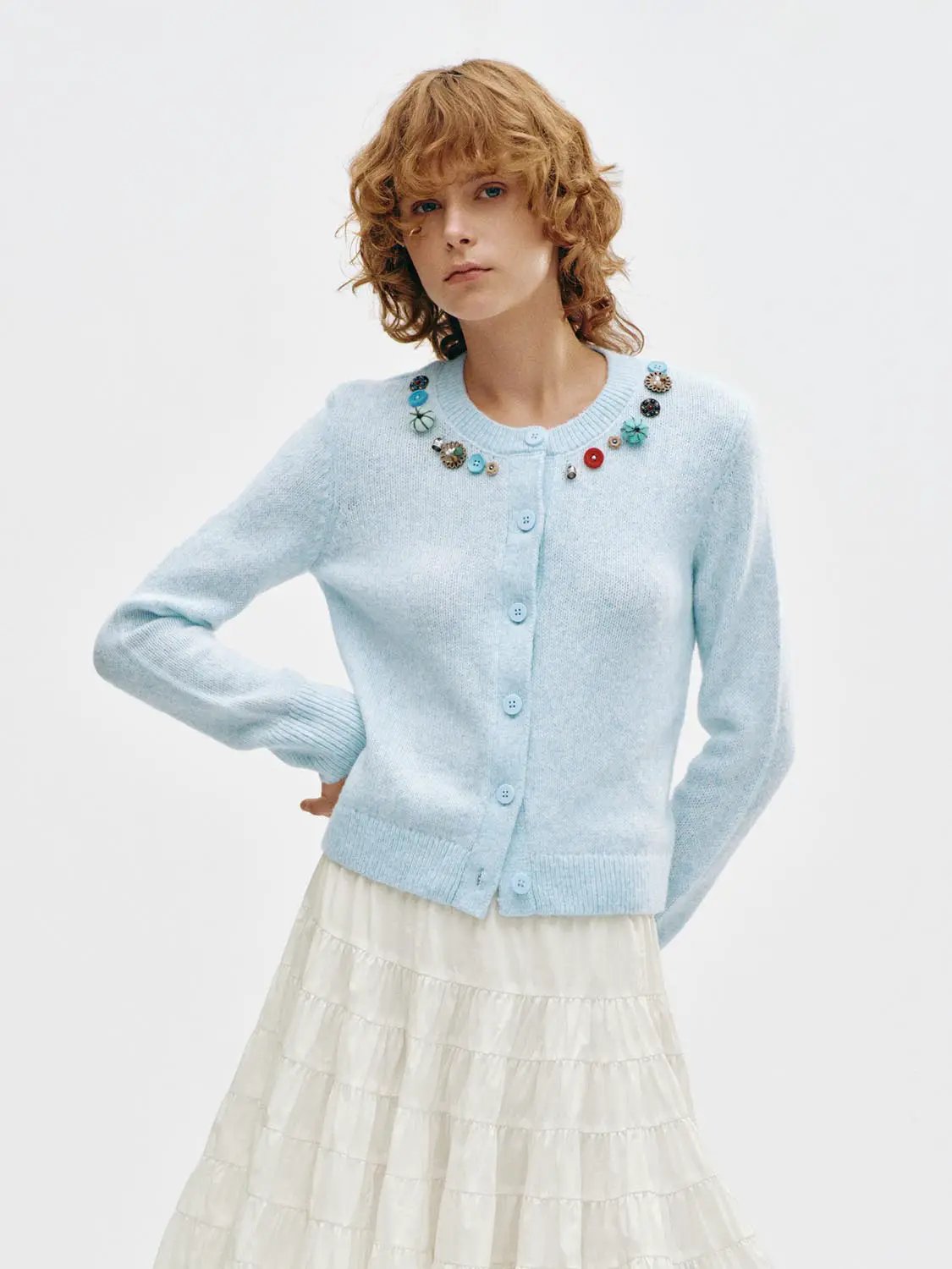 Knitted Bobble Detail Long Sleeve Cardigan