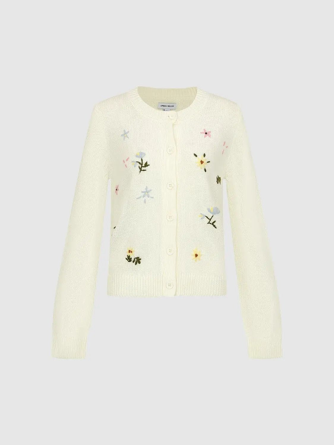 Ribbed Embroidered Floral Crew Neck Long Sleeve Cardigan
