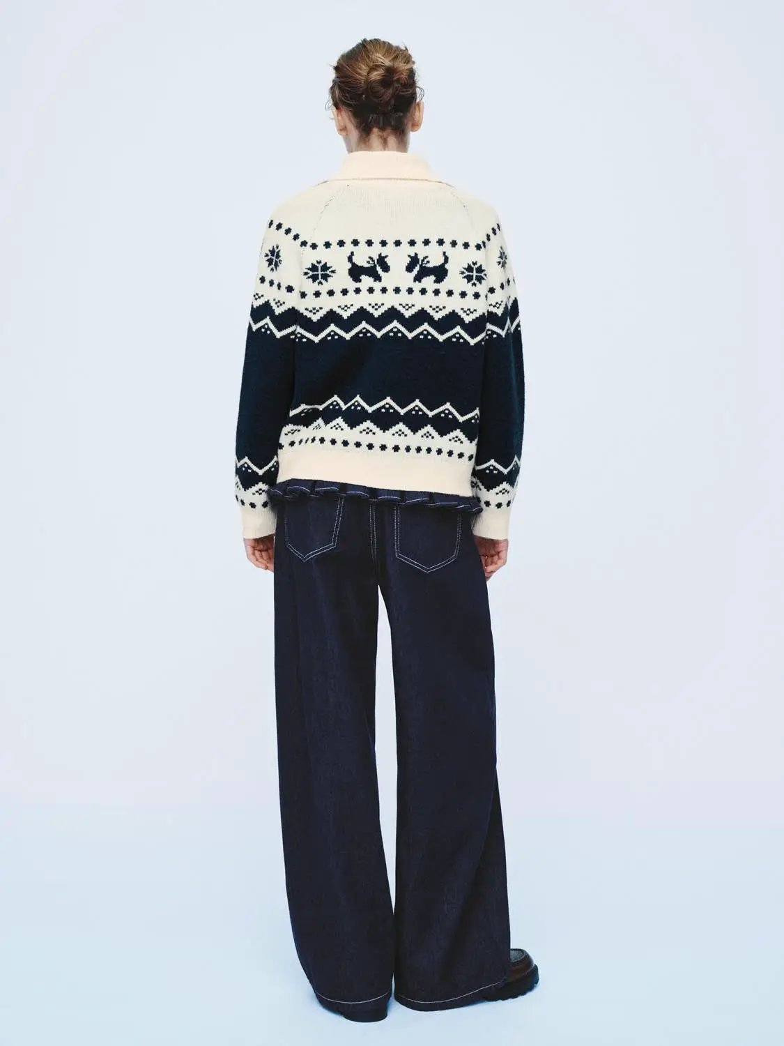 Zip Front Stand Collar Fair Isle Long Sleeve Jacket