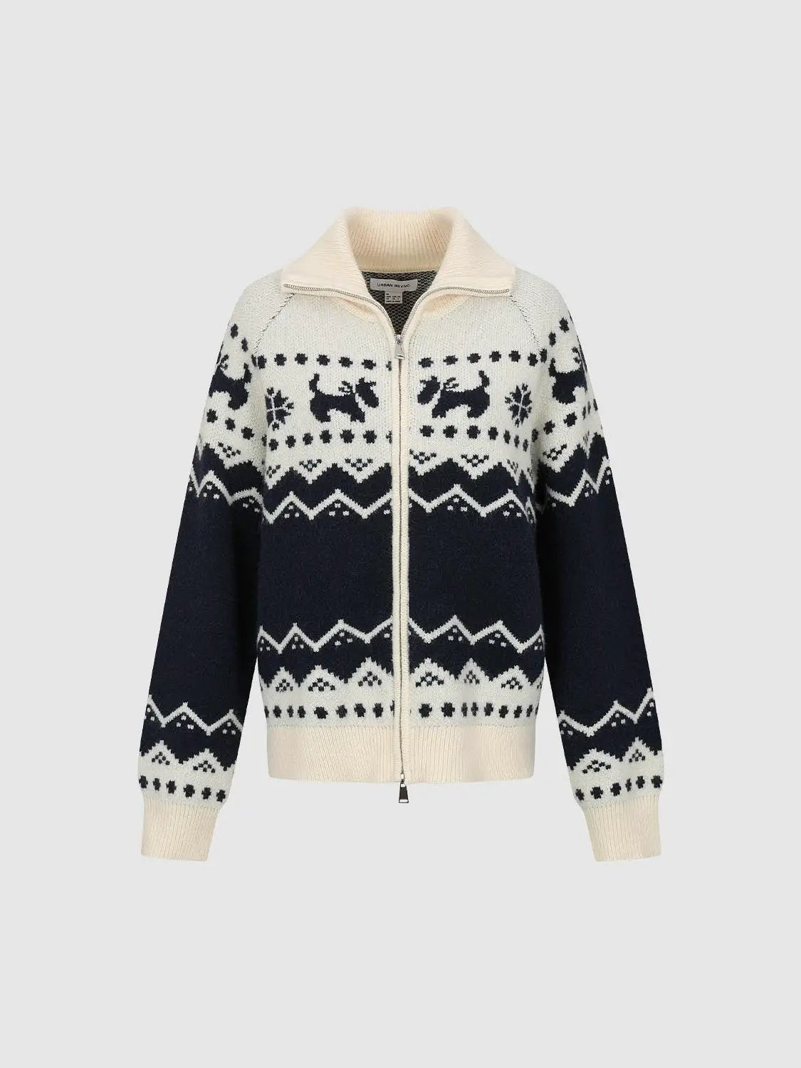 Zip Front Stand Collar Fair Isle Long Sleeve Jacket