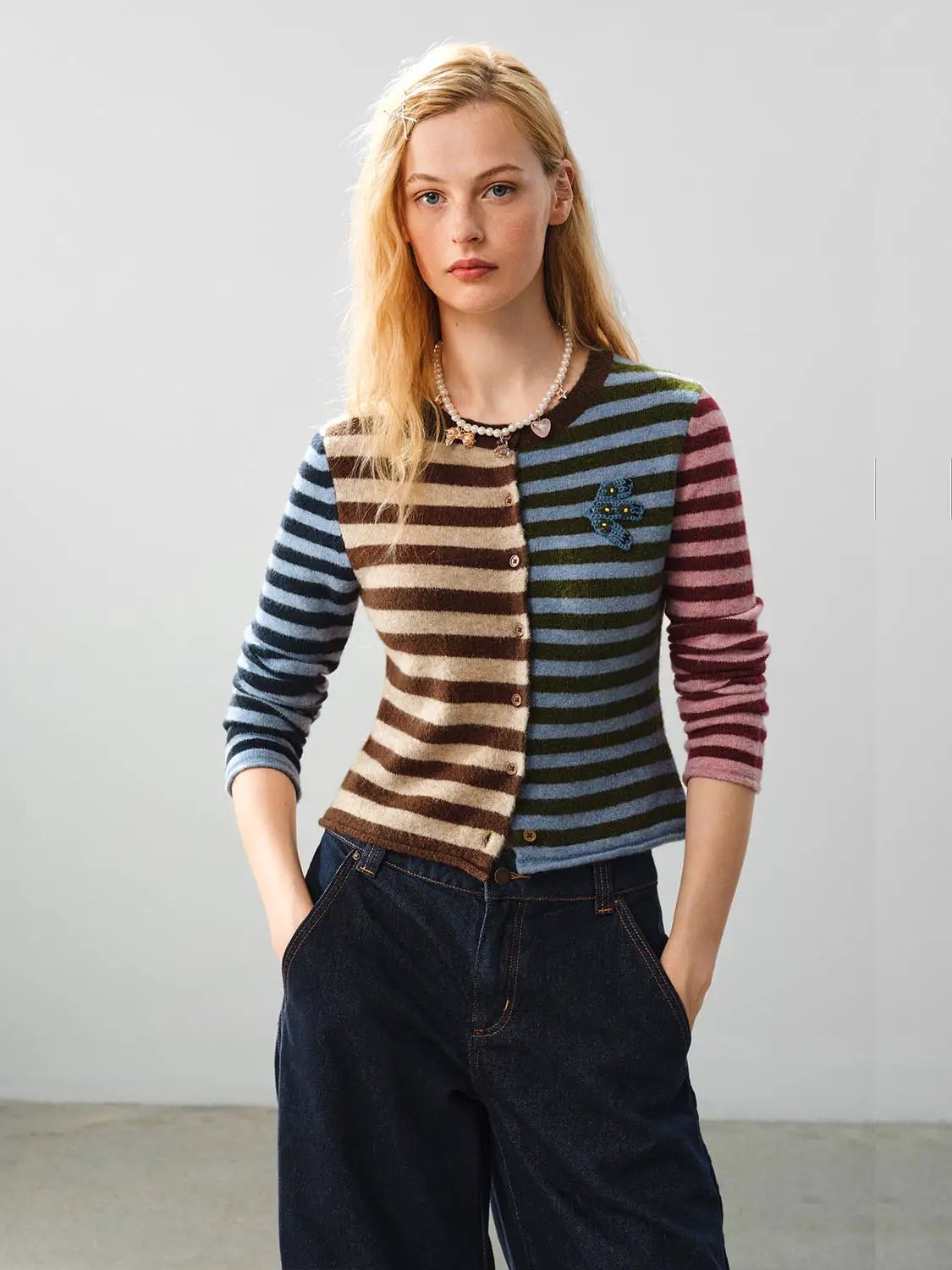Embroidered Striped Knit Crew Neck Long Sleeve Cardigan