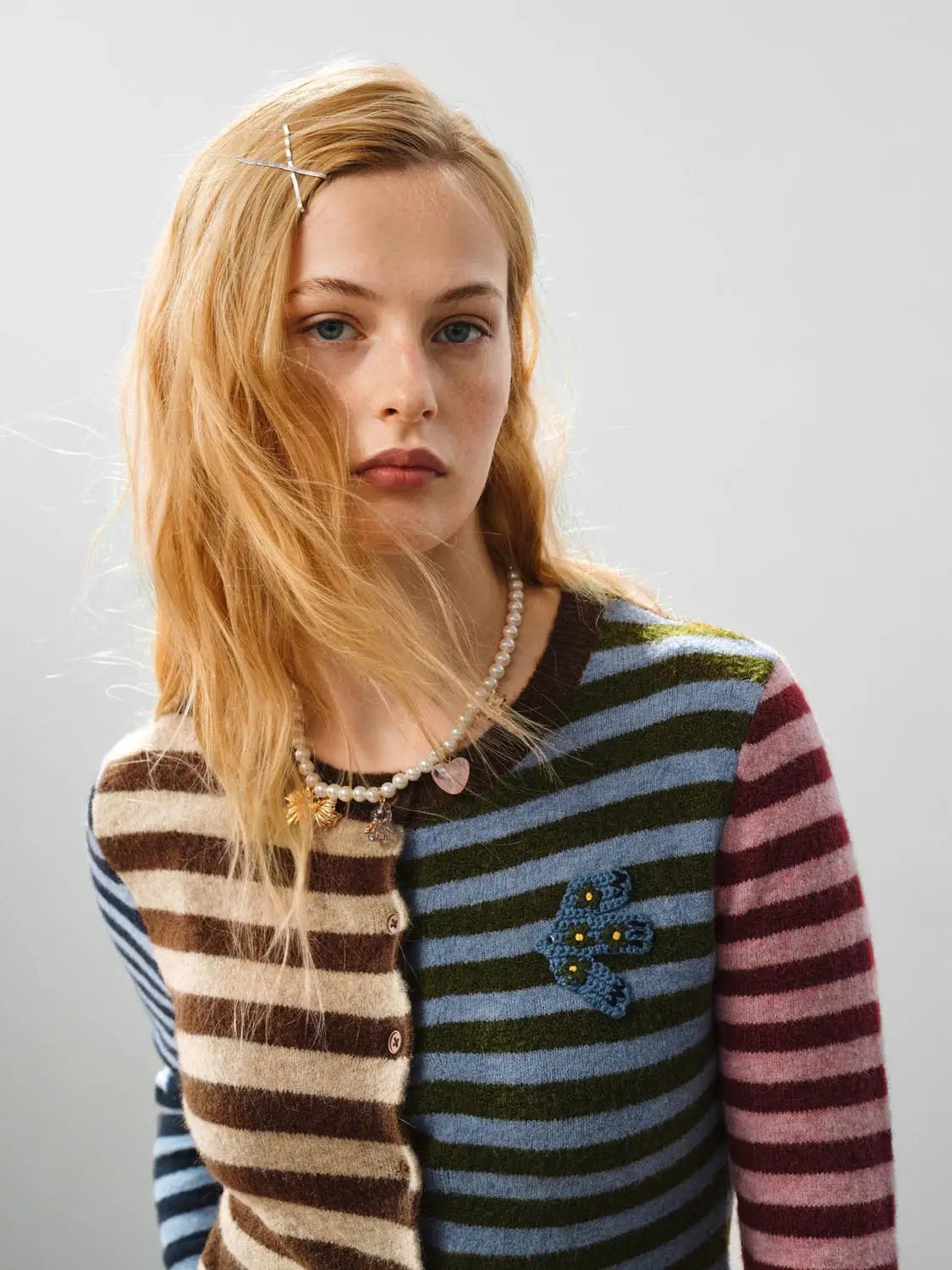 Embroidered Striped Knit Crew Neck Long Sleeve Cardigan