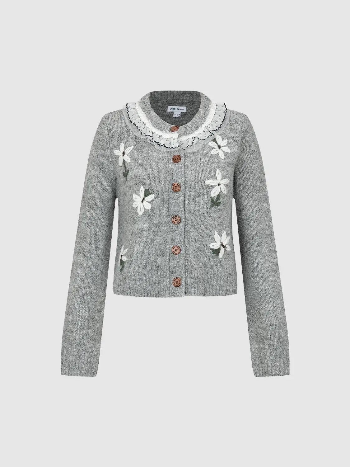 Floral Embroidered Ruffle Collar Long Sleeve Cardigan