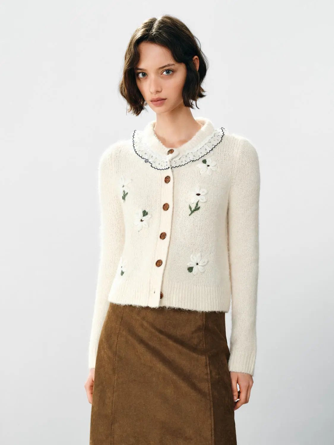 Floral Embroidered Ruffle Collar Long Sleeve Cardigan