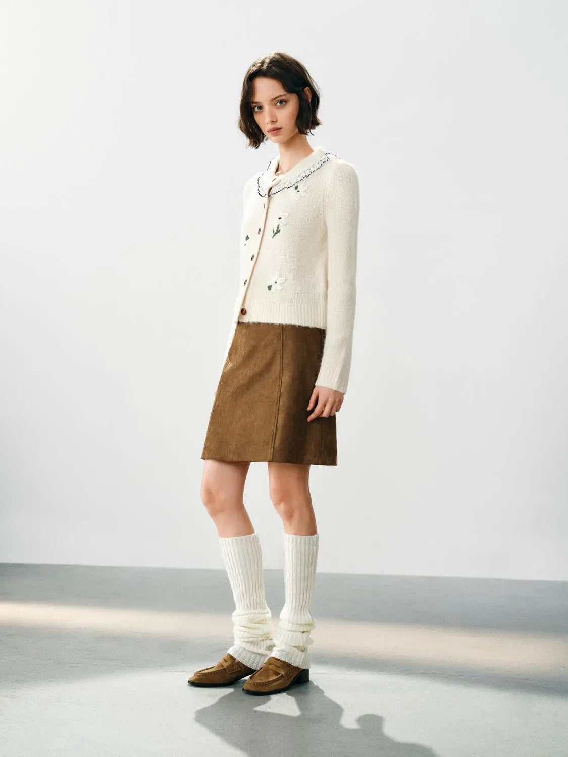 Floral Embroidered Ruffle Collar Long Sleeve Cardigan