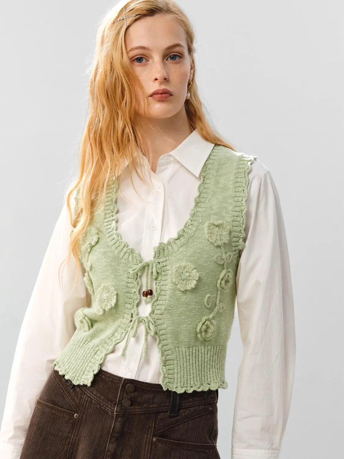 Floral Ruffle Tie V-neck Sleeveless Cotton Vest
