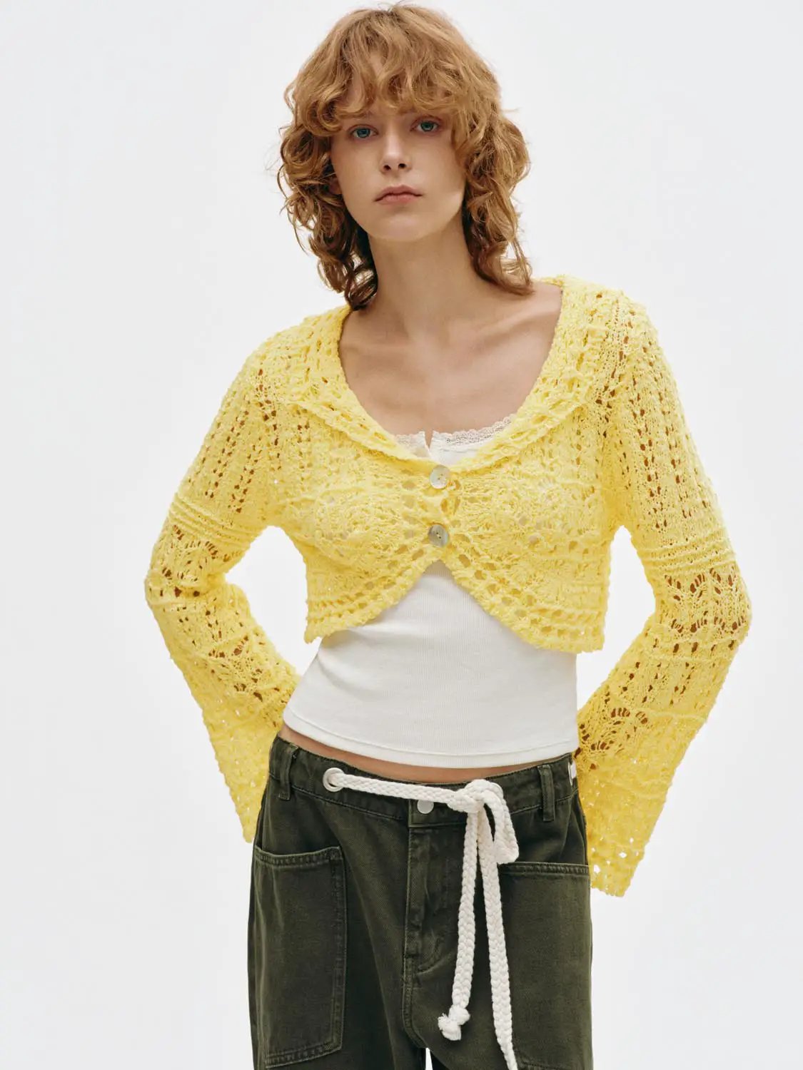 Hollow Out Button Front Long Sleeve Cropped Knit Jacket