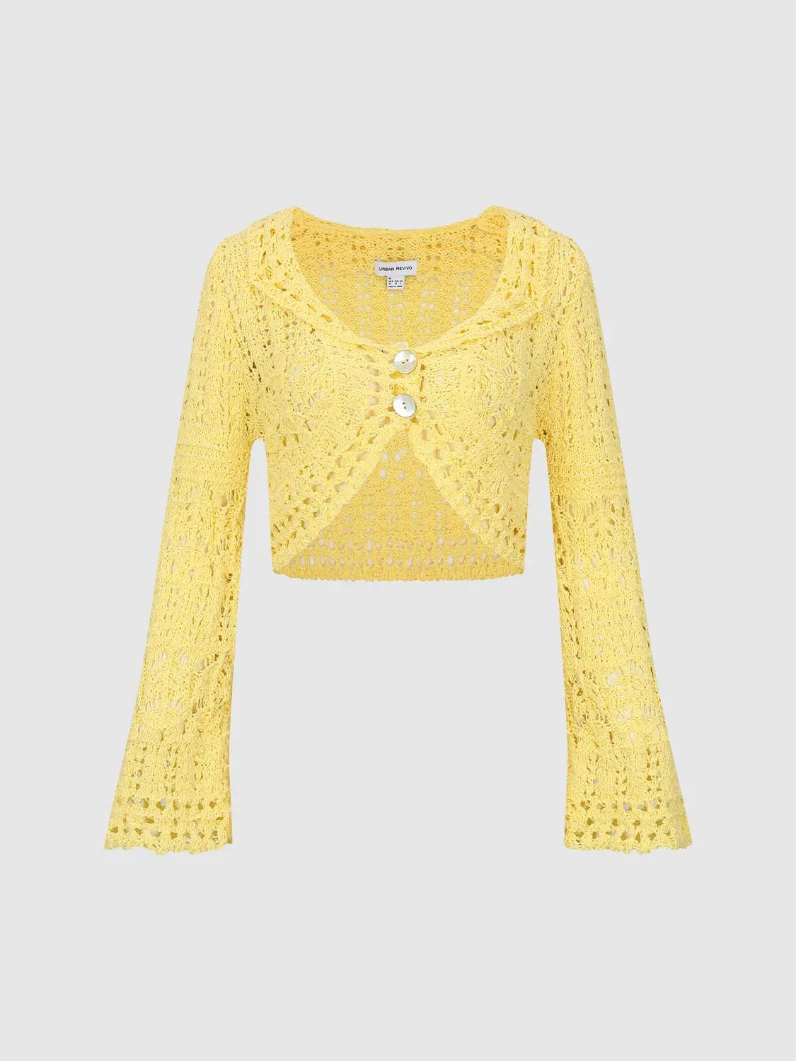 Hollow Out Button Front Long Sleeve Cropped Knit Jacket