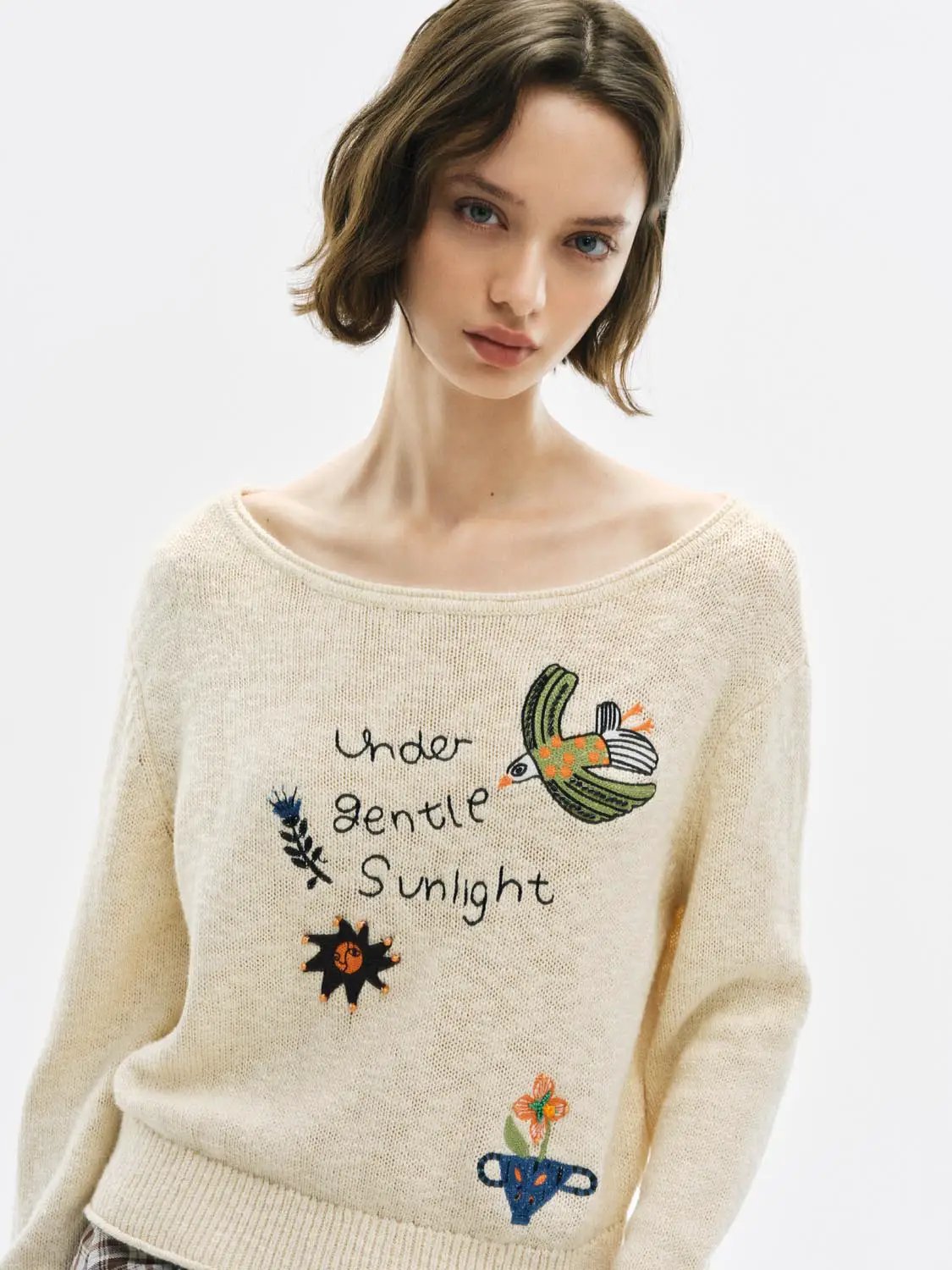 Text Embroidered Boat Neck Long Sleeve Cotton Sweater