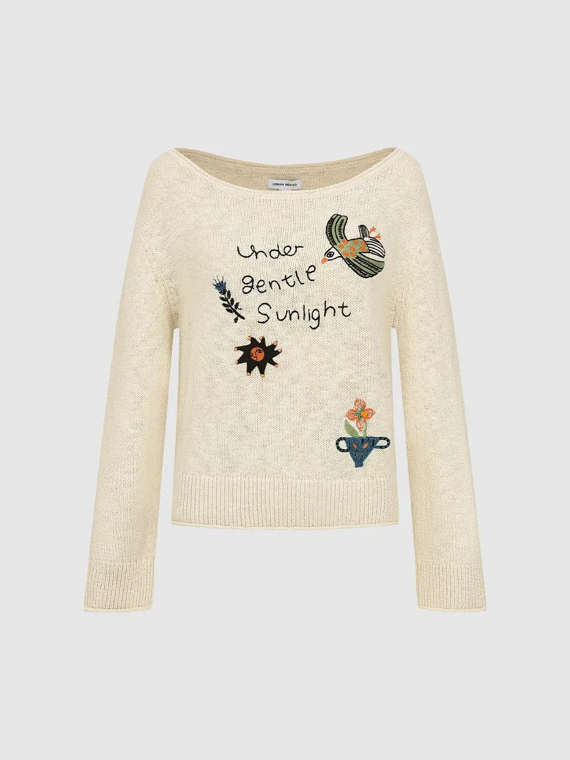 Text Embroidered Boat Neck Long Sleeve Cotton Sweater