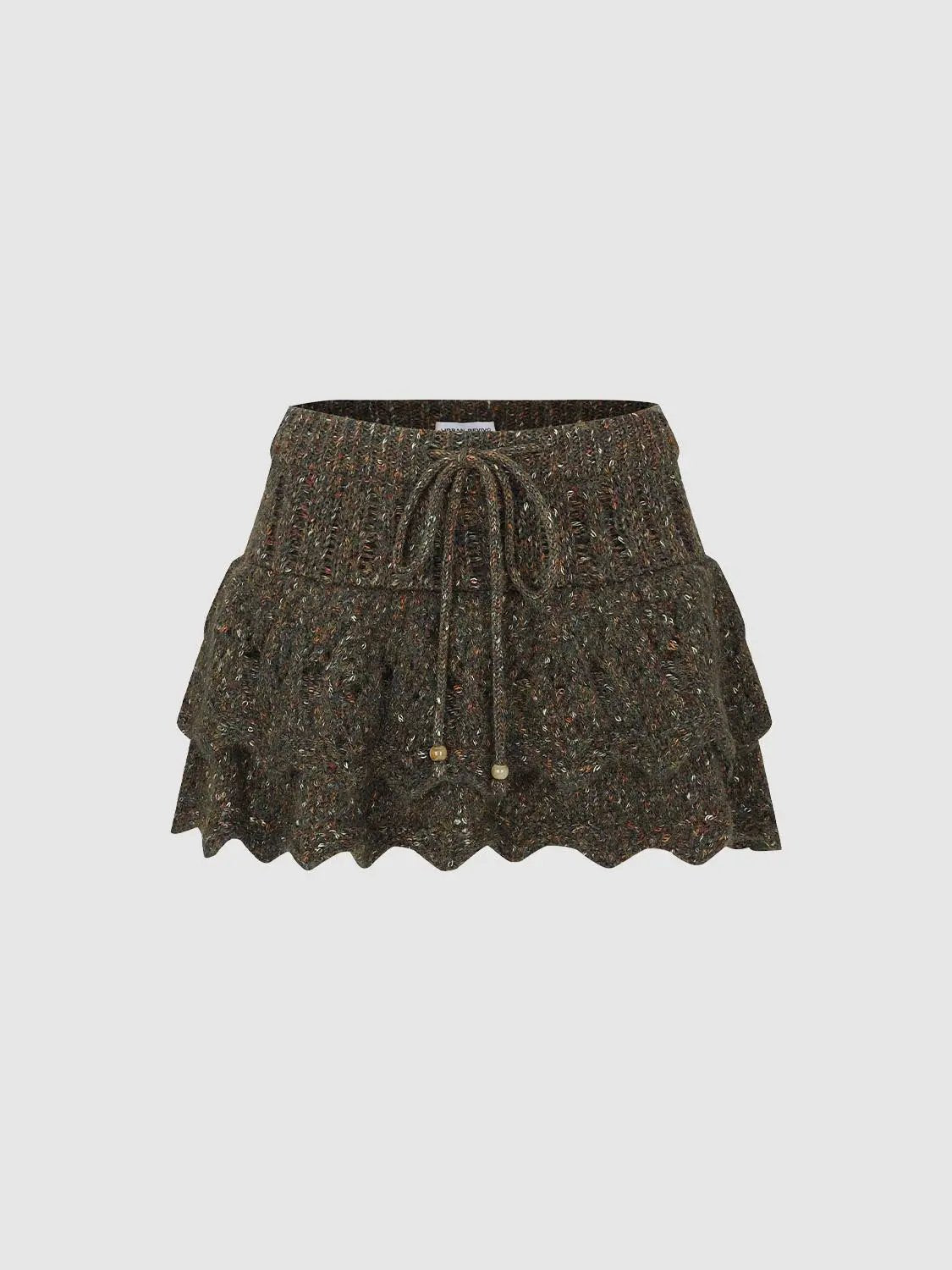Textured Knit Tiered Mini Skirt with Beaded Drawstring Waist