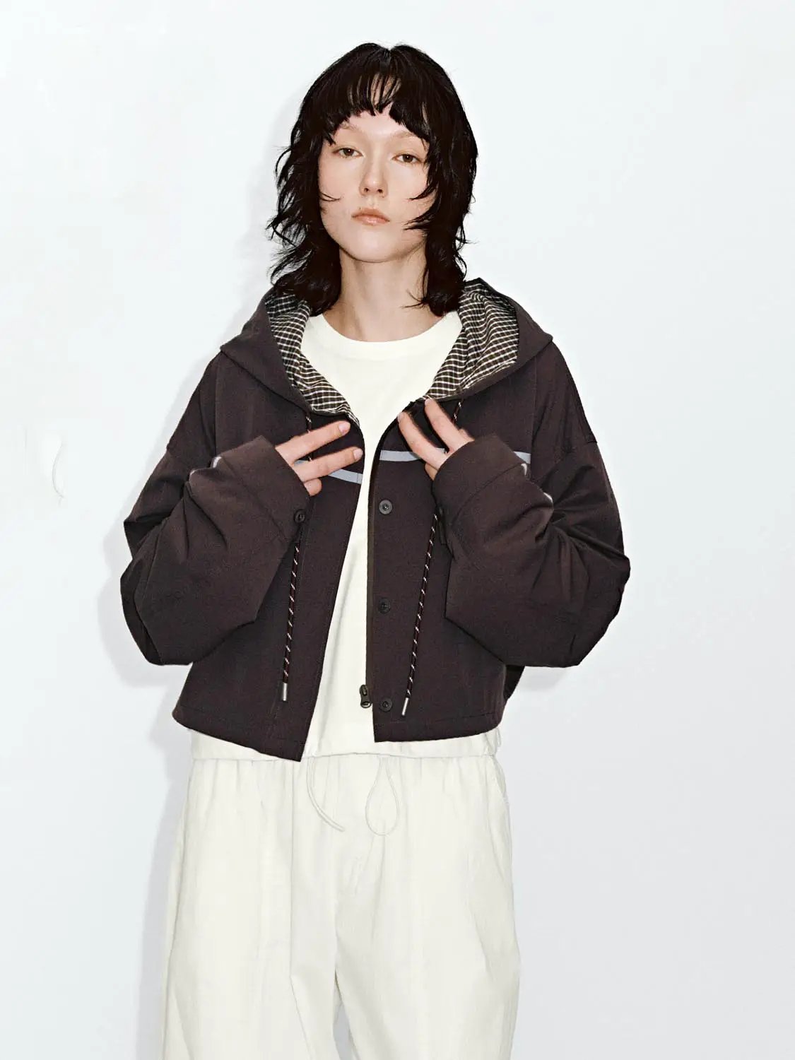 Oversized Hooded Button Front Jacket With Checked Lining