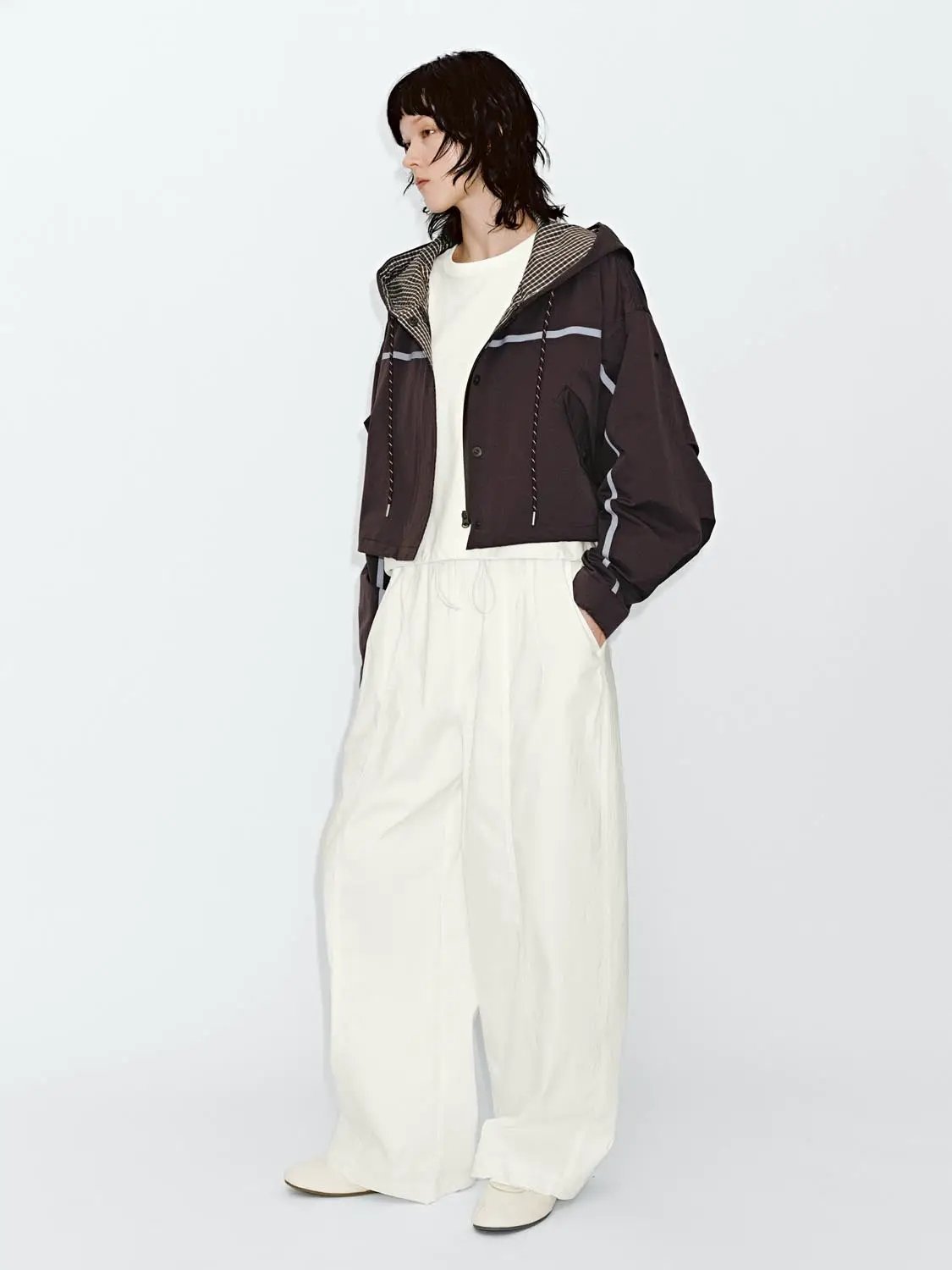Oversized Hooded Button Front Jacket With Checked Lining