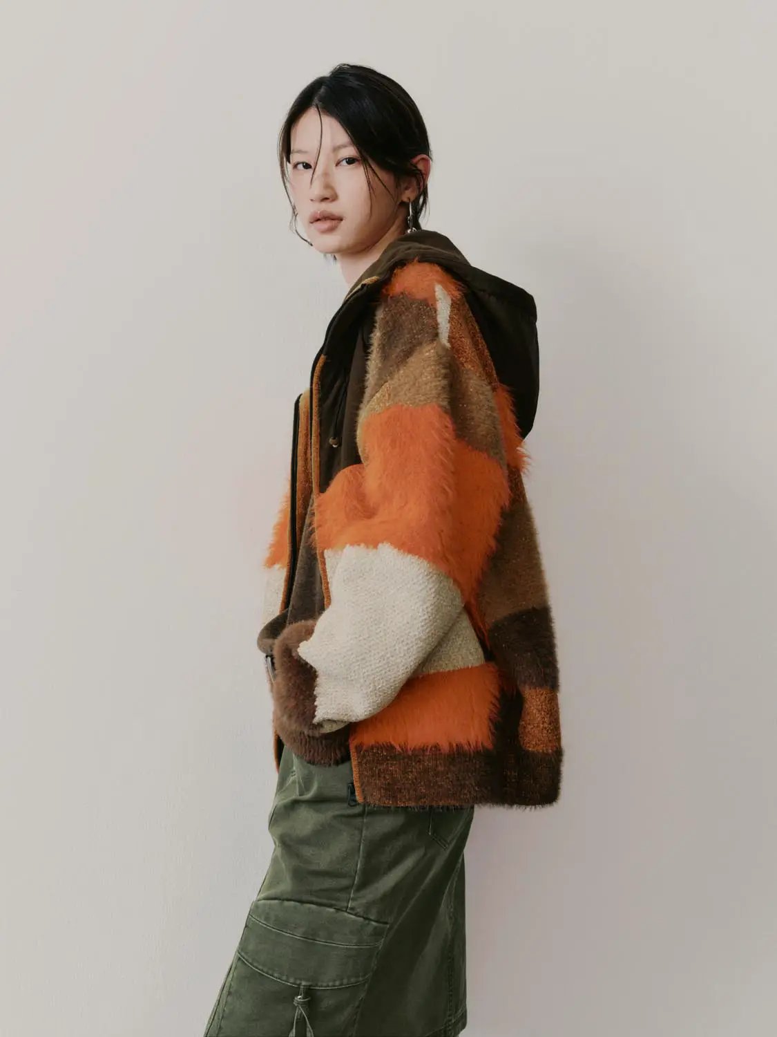 Hooded Zip Textured Color Block Knit Long Sleeve Jacket
