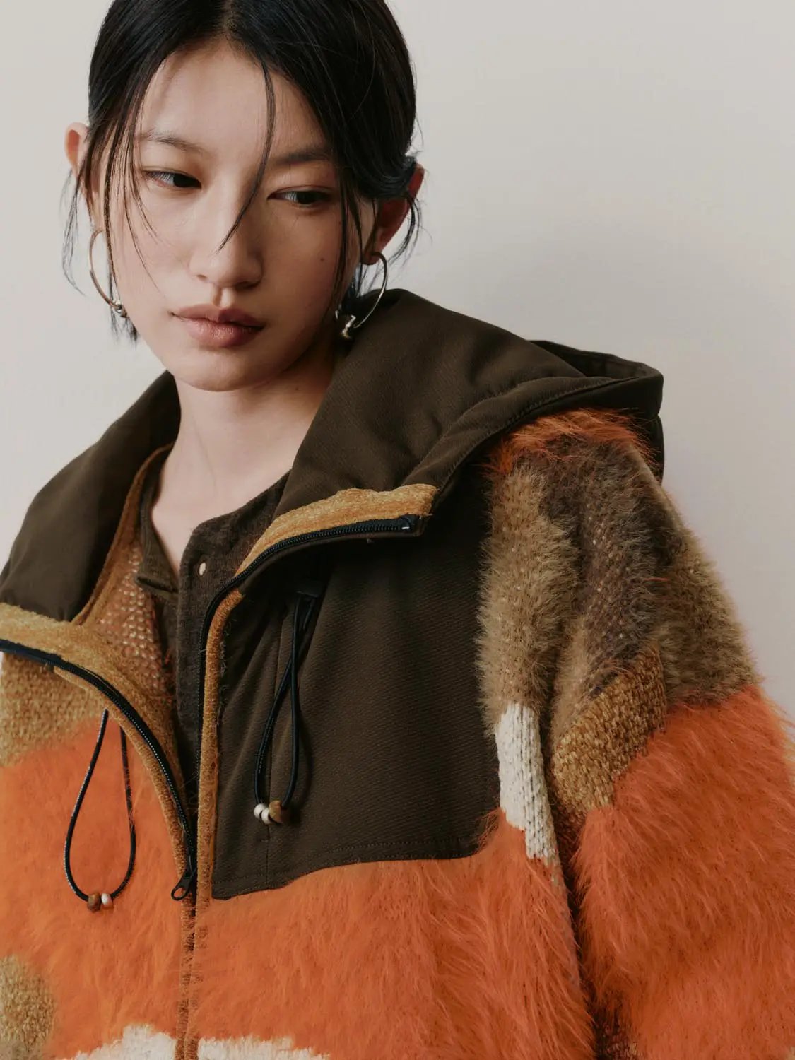 Hooded Zip Textured Color Block Knit Long Sleeve Jacket