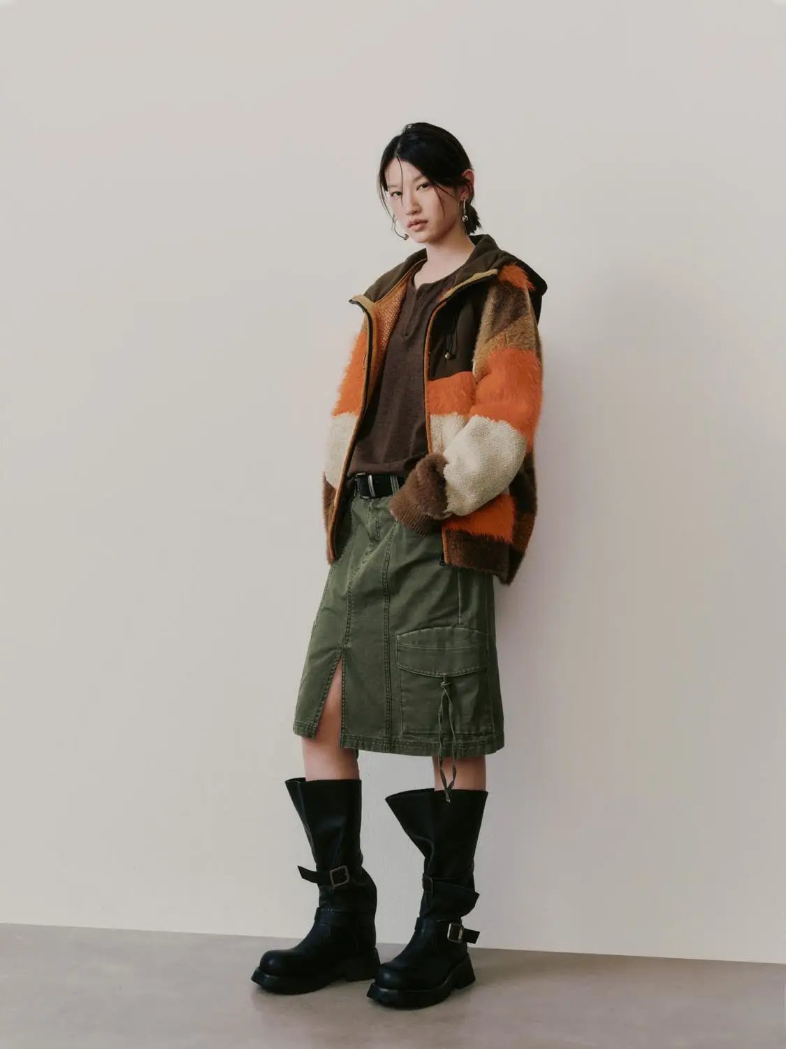 Hooded Zip Textured Color Block Knit Long Sleeve Jacket