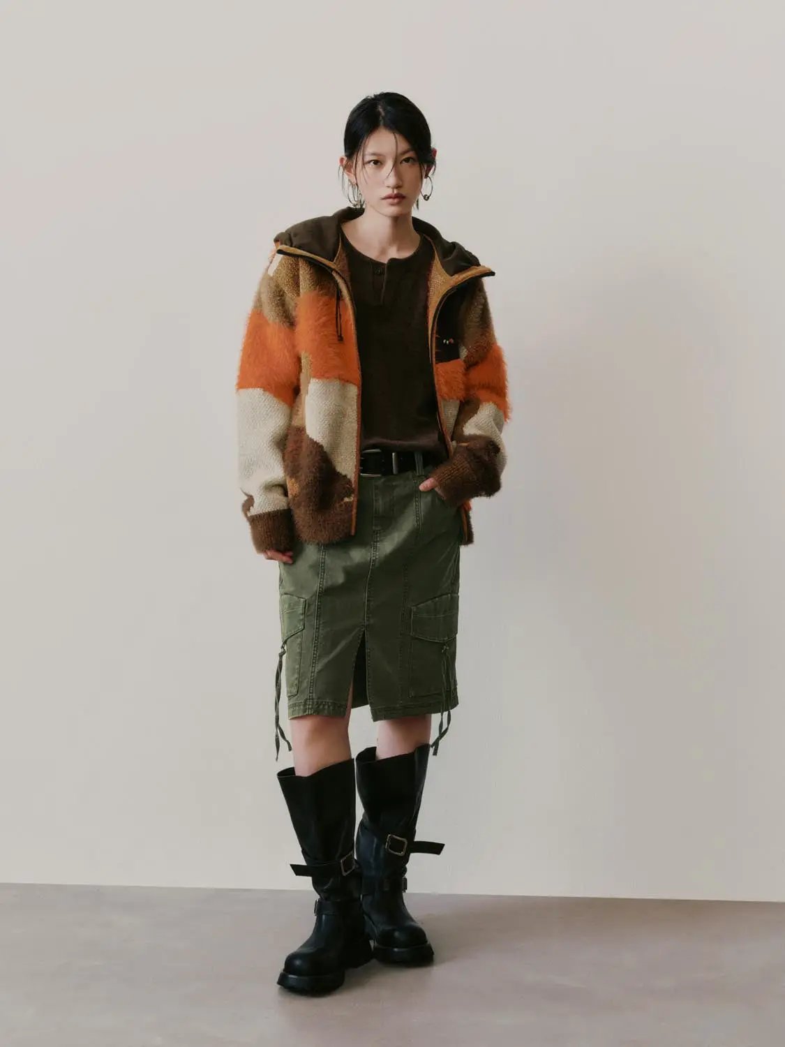 Hooded Zip Textured Color Block Knit Long Sleeve Jacket
