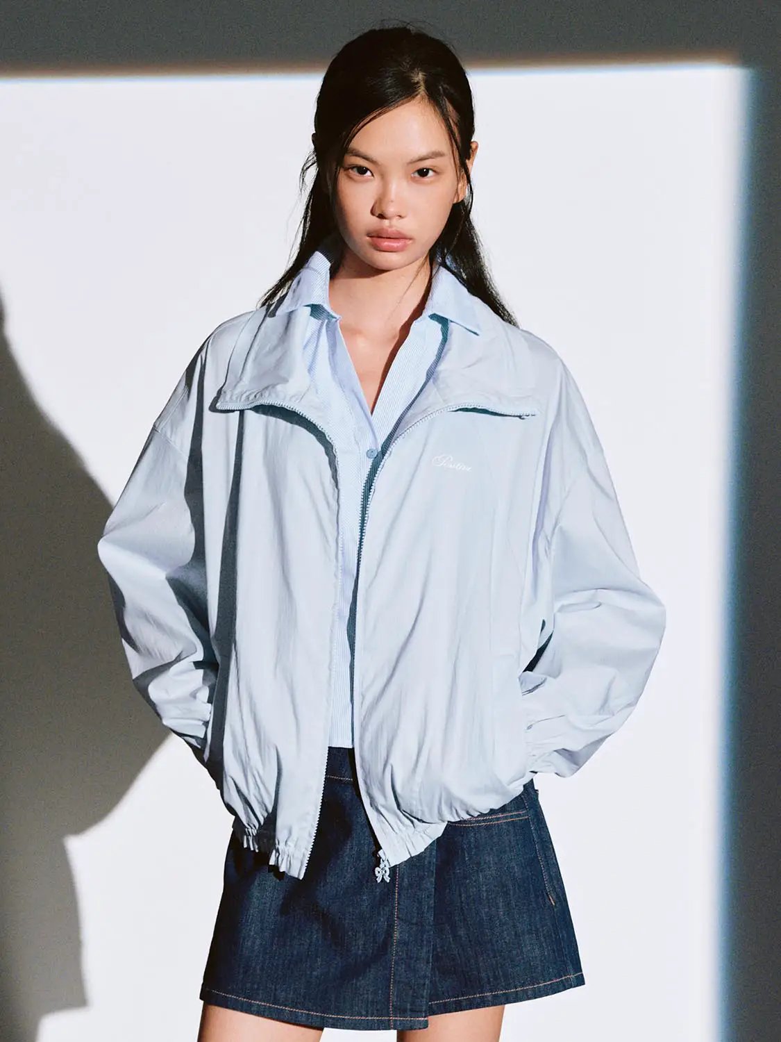 Oversized Shirt Collar Zip Front Cotton Blend Jacket