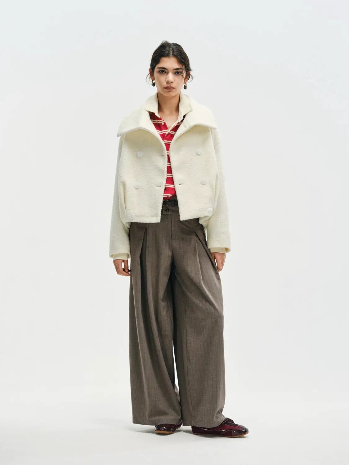 Textured Wide Collar Long Sleeve Double-Breasted Coat