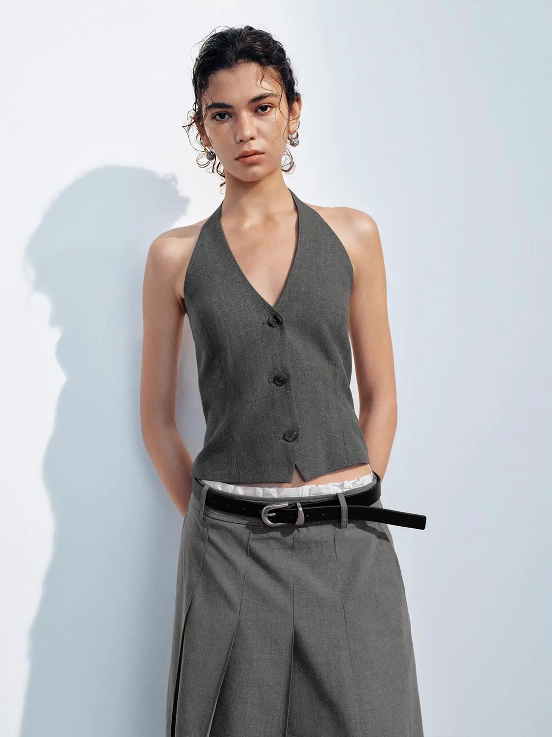 Textured Deep V Waist Detail Vest