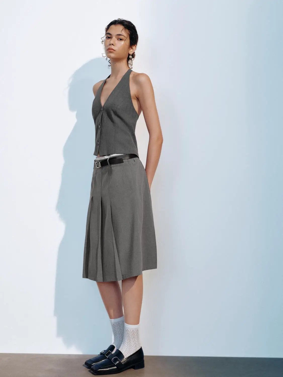 Textured Deep V Waist Detail Vest