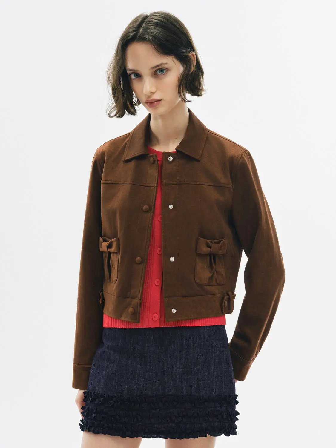 Shirt Collar Bow Detail Tie Hem Long Sleeve Jacket