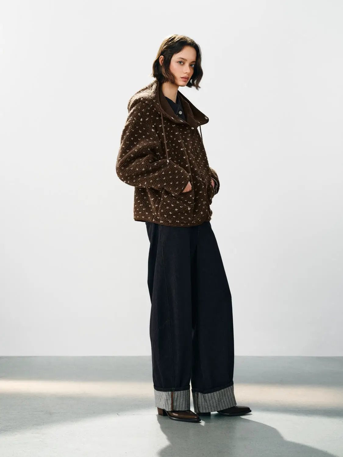 Hooded Textured Button Front Long Sleeve Printed Jacket