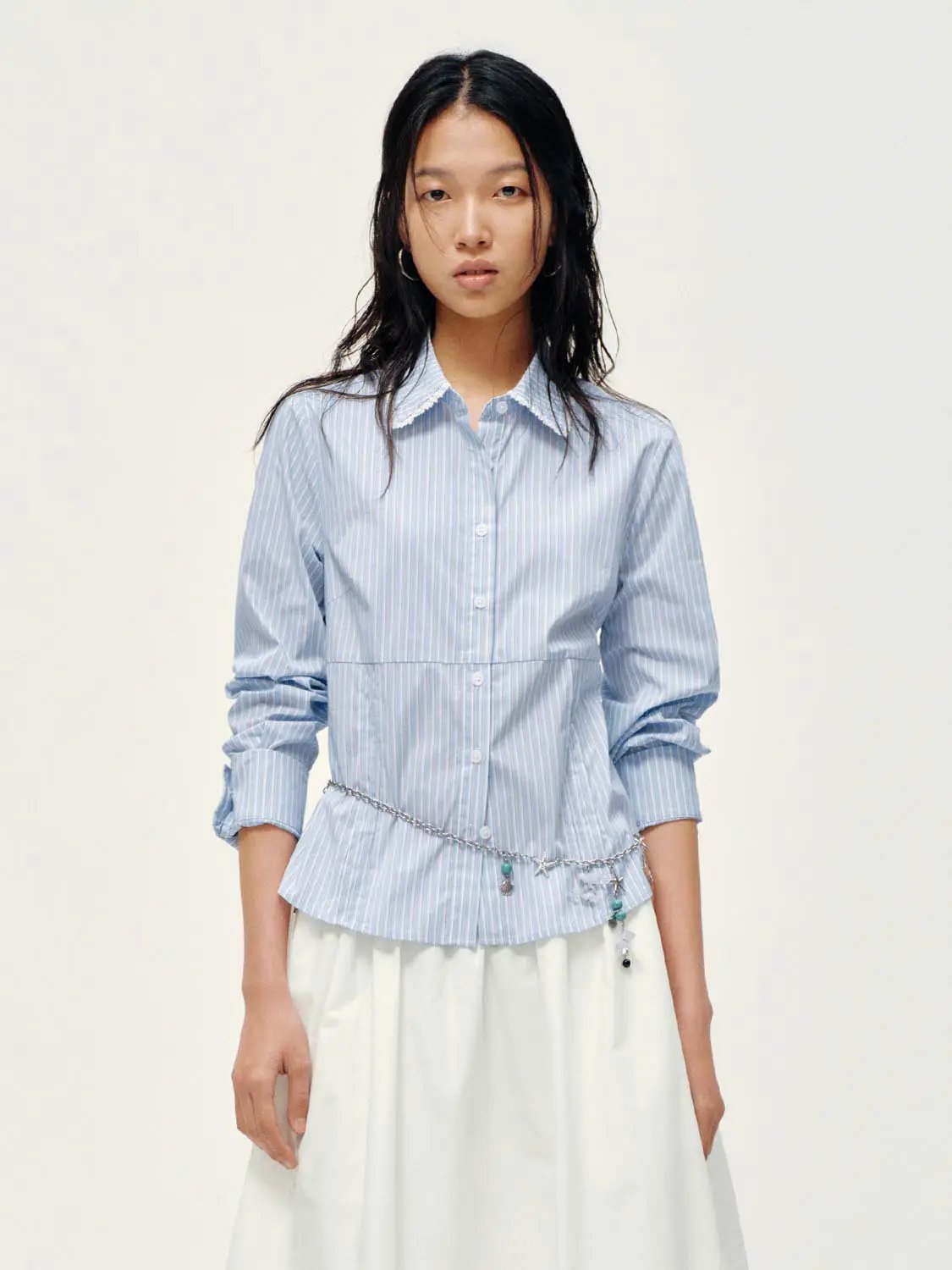 Point Collar Button Front Striped Ruffle Trim Cotton Shirt