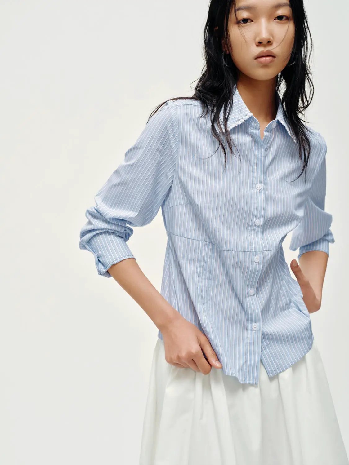Point Collar Button Front Striped Ruffle Trim Cotton Shirt