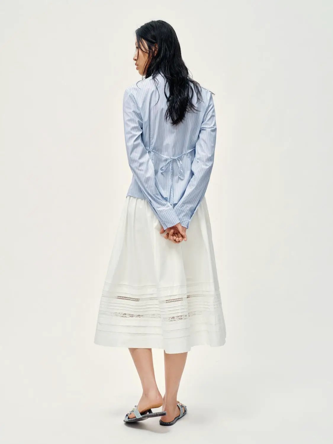 Point Collar Button Front Striped Ruffle Trim Cotton Shirt