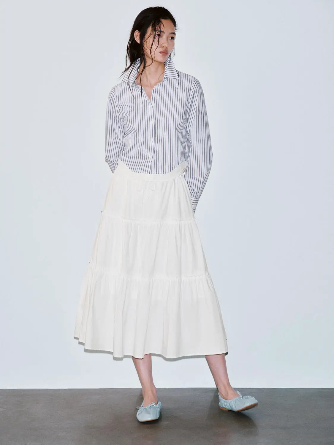 Collared Vertical Stripe Cropped Long Sleeve Cotton Shirt