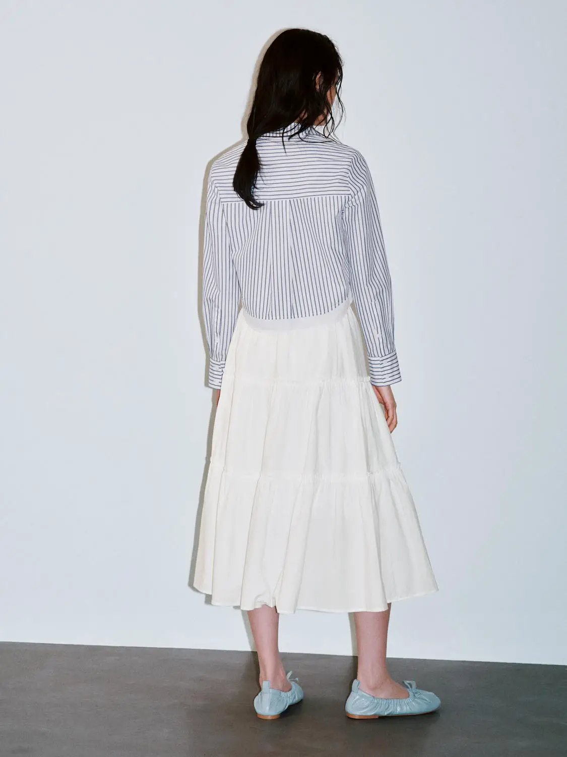 Collared Vertical Stripe Cropped Long Sleeve Cotton Shirt
