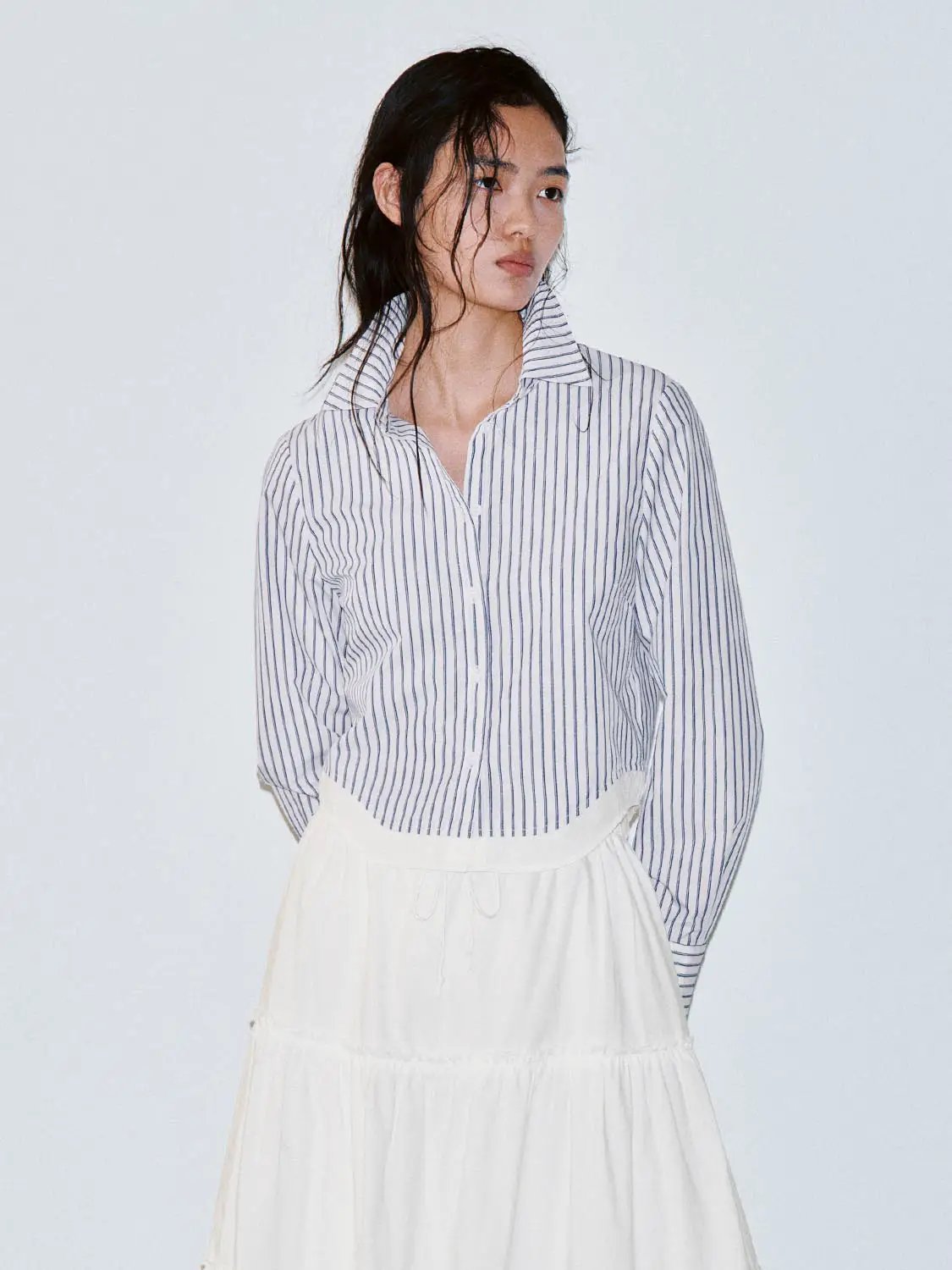 Collared Vertical Stripe Cropped Long Sleeve Cotton Shirt
