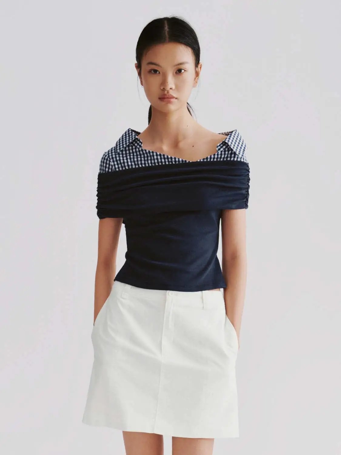 Stretch Off Shoulder Check Collar Cotton Shirt