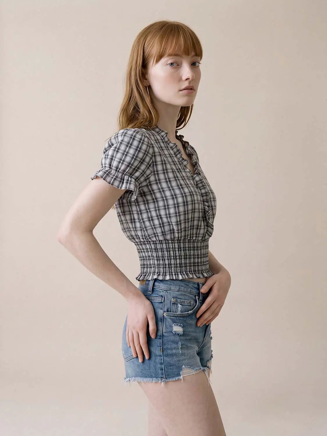 Checked Ruffle Trim Ruched Waist Short Sleeve Blouse
