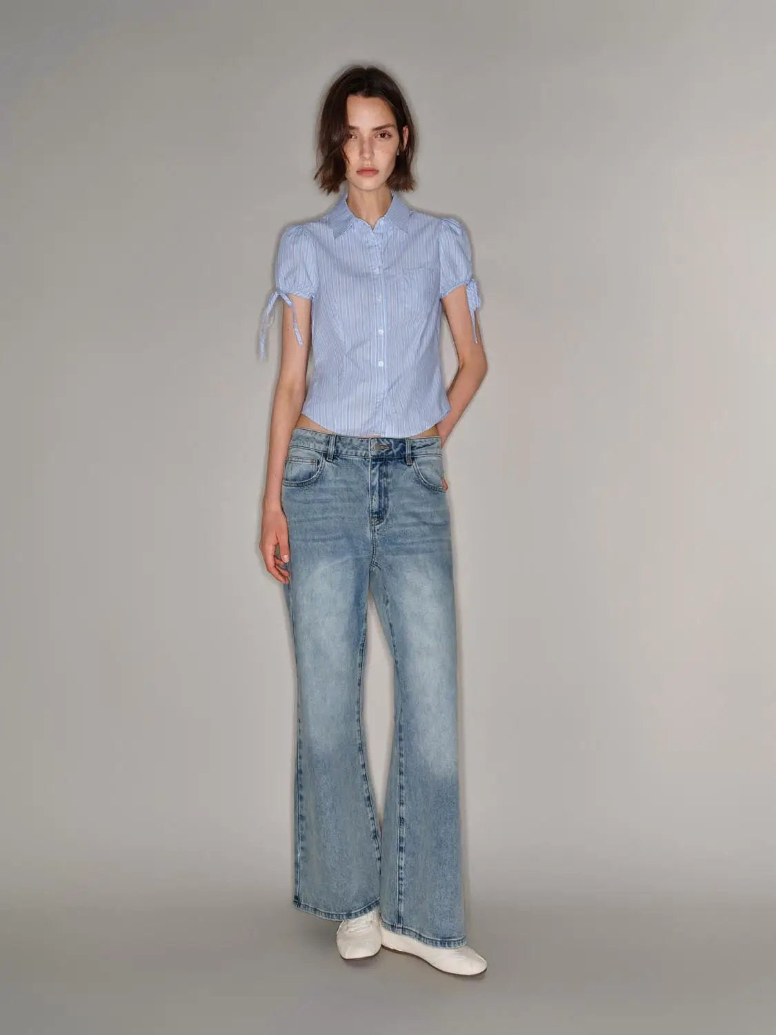 Vertical Stripe Puff Sleeve Cotton Shirt