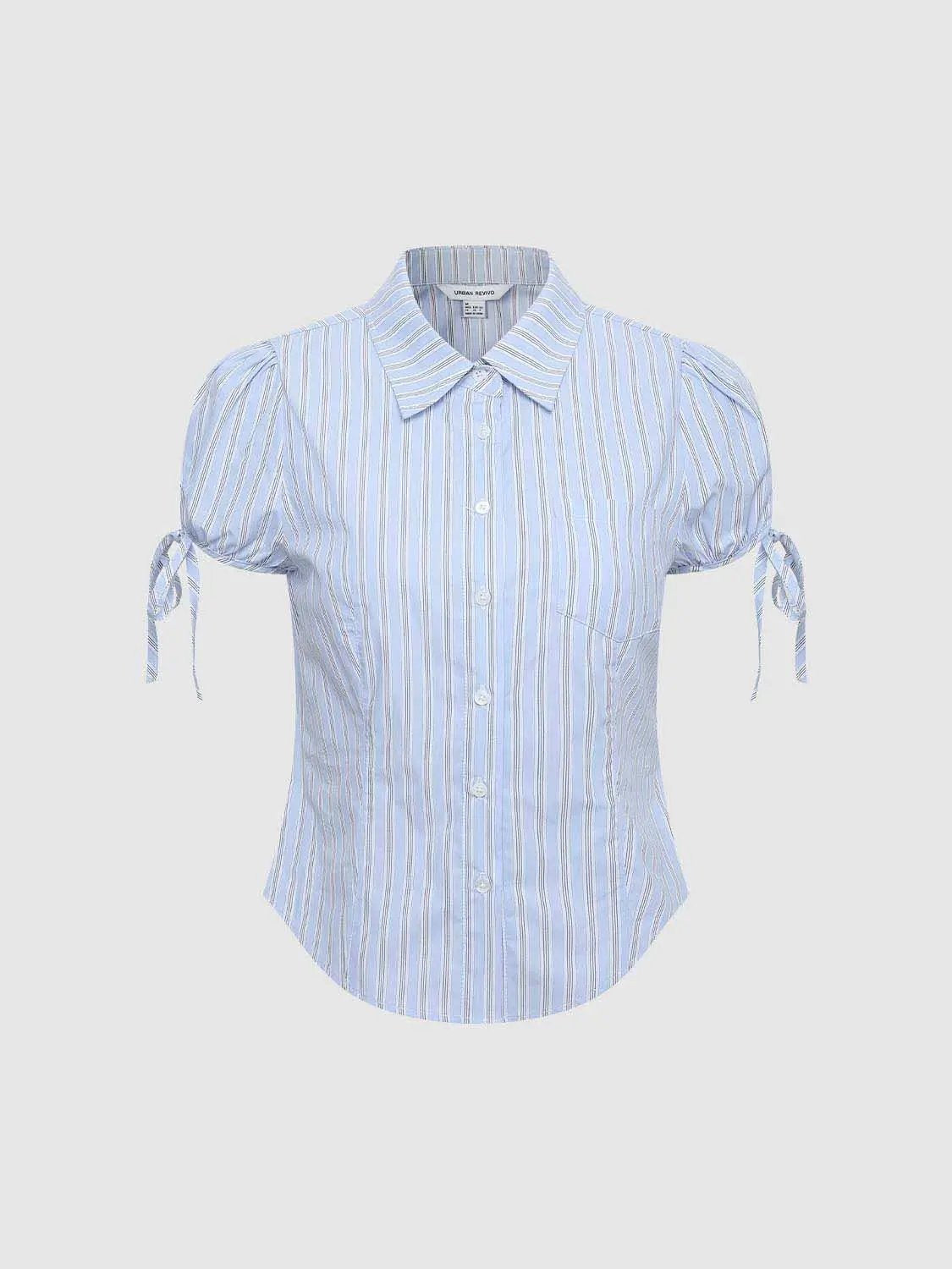 Vertical Stripe Puff Sleeve Cotton Shirt
