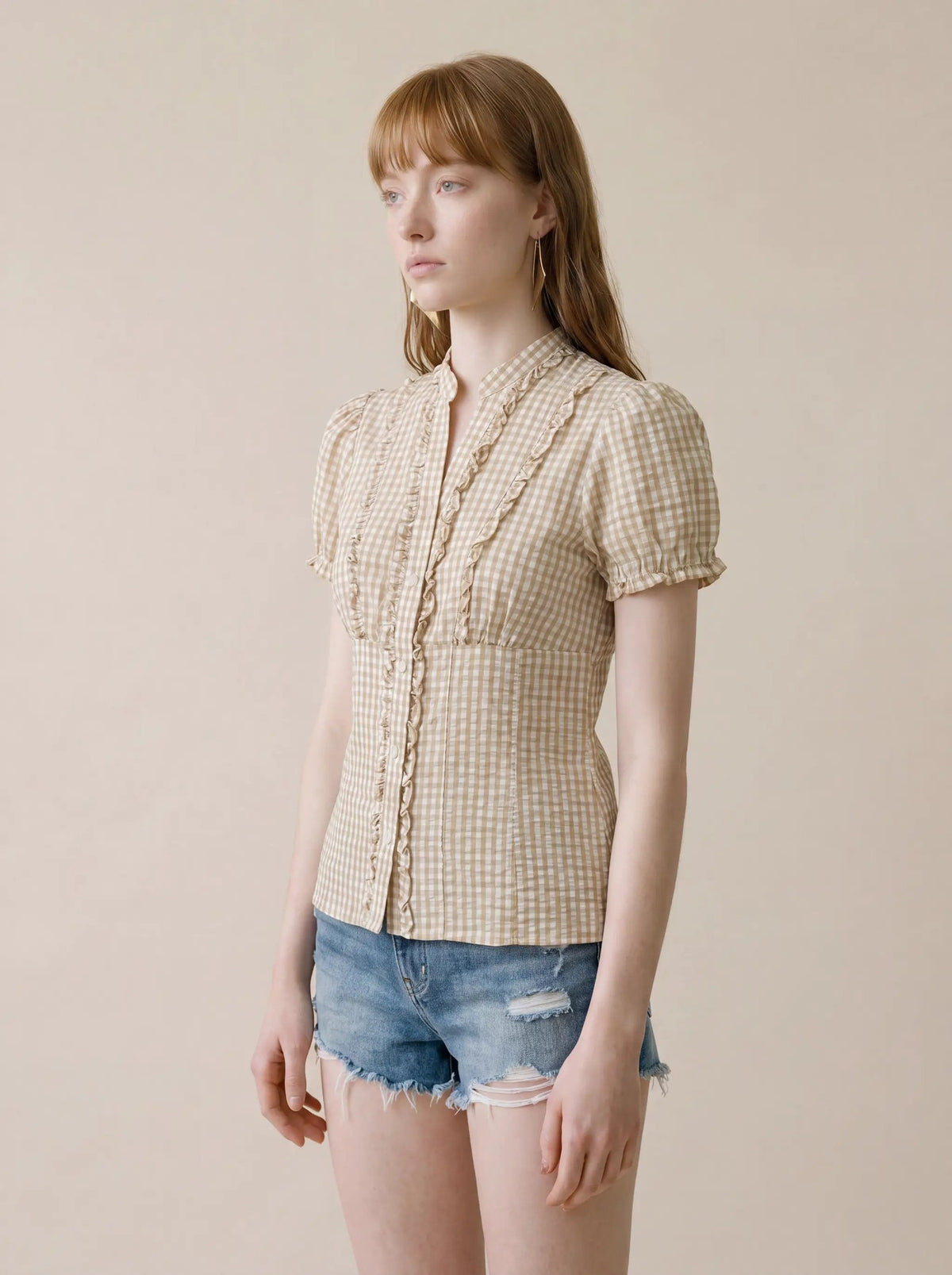 Gingham Ruffle Front Short Sleeve Cotton Shirt