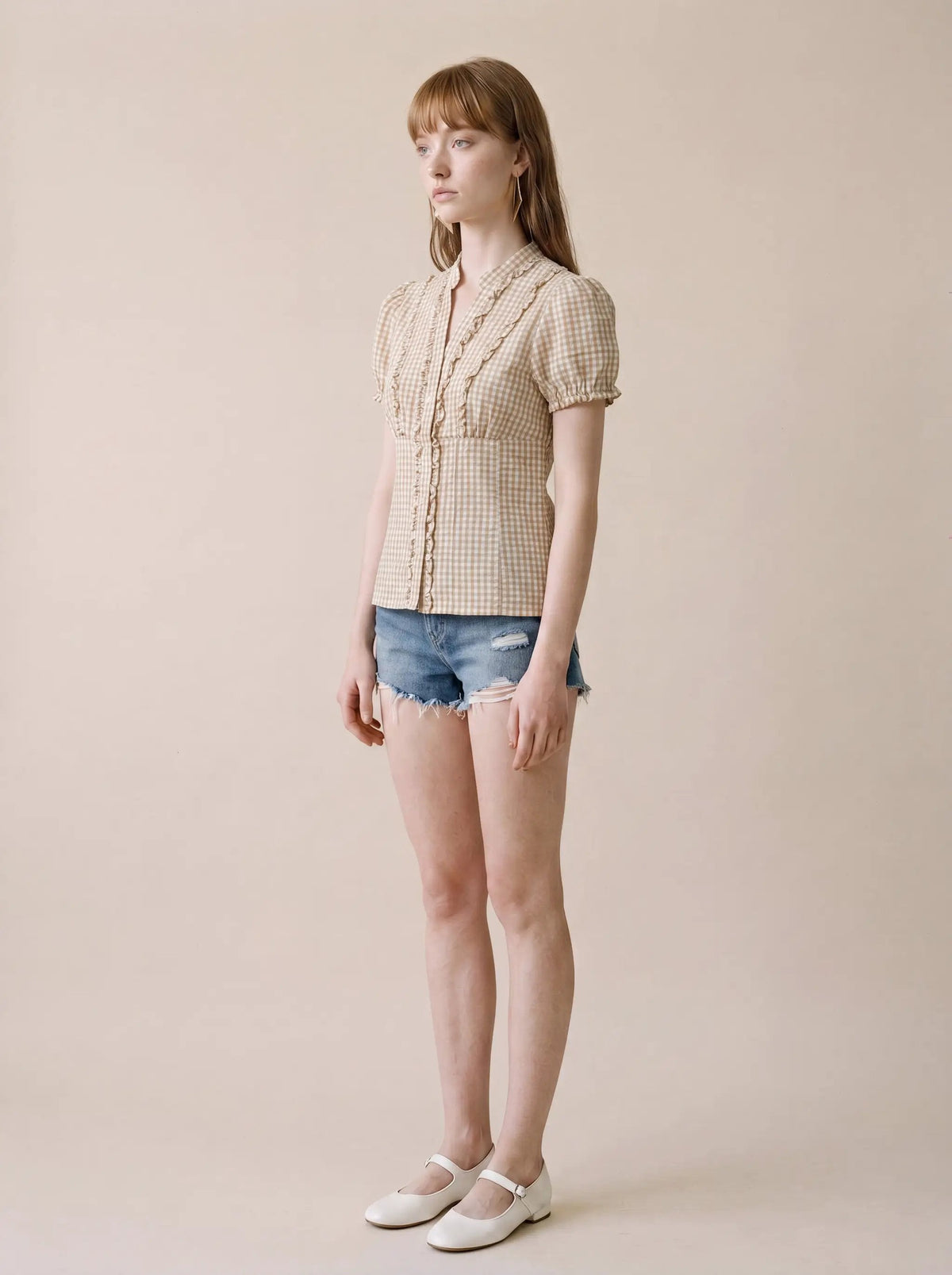 Gingham Ruffle Front Short Sleeve Cotton Shirt