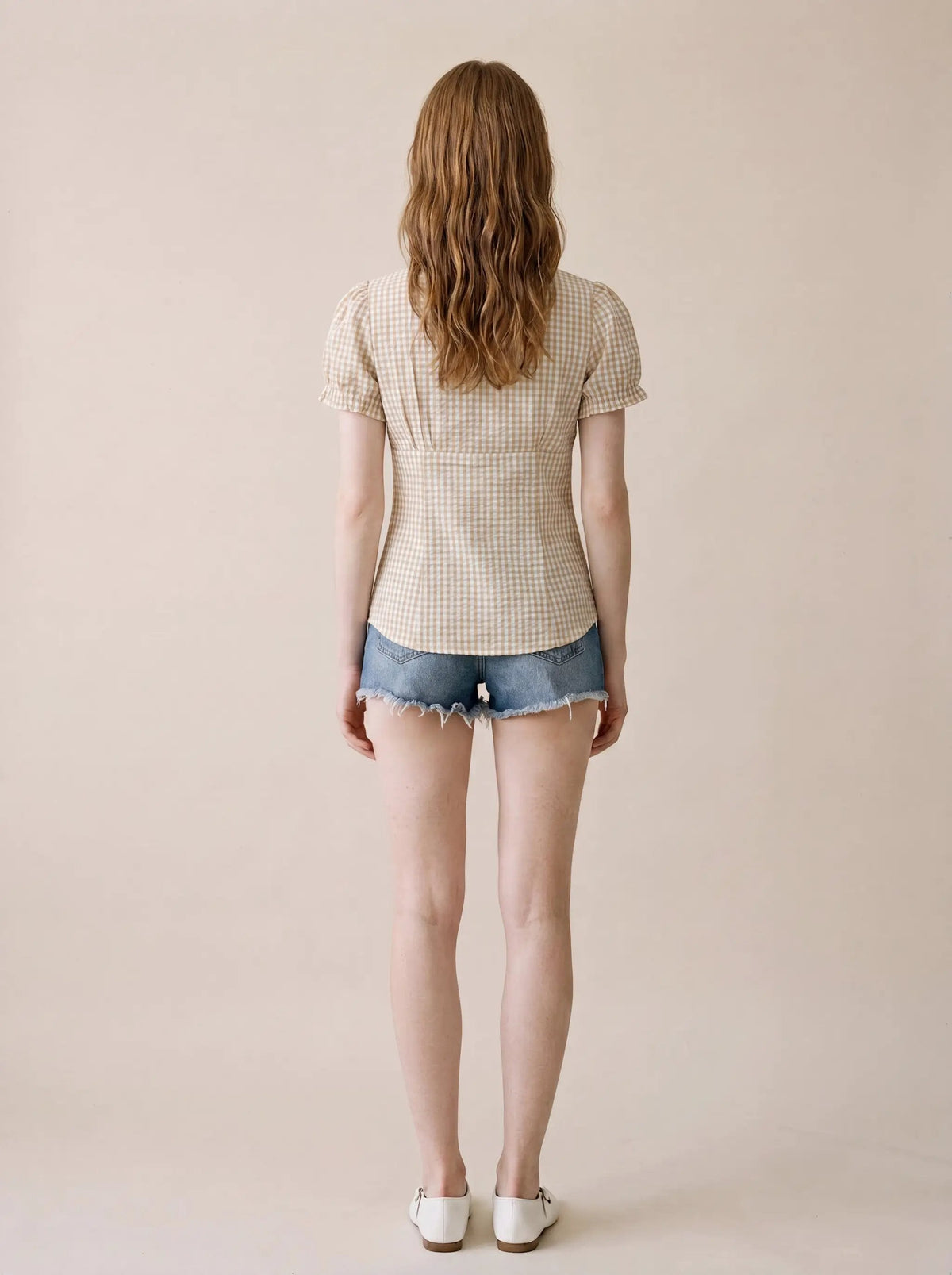 Gingham Ruffle Front Short Sleeve Cotton Shirt