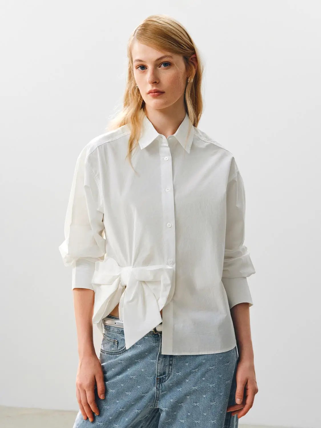 Button Front Tie Waist Cotton Long Sleeve Shirt